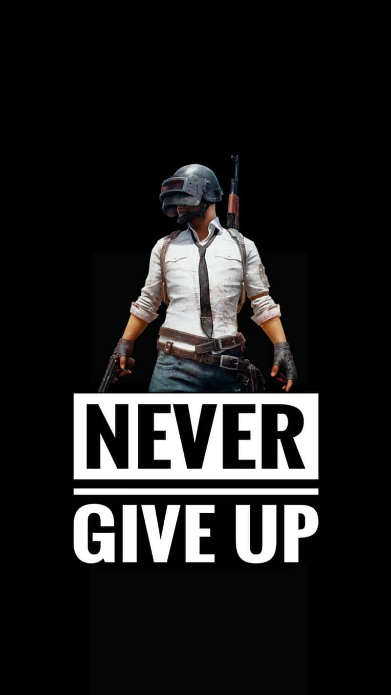 黑色背景上帶有 never give up 標語的遊戲士兵