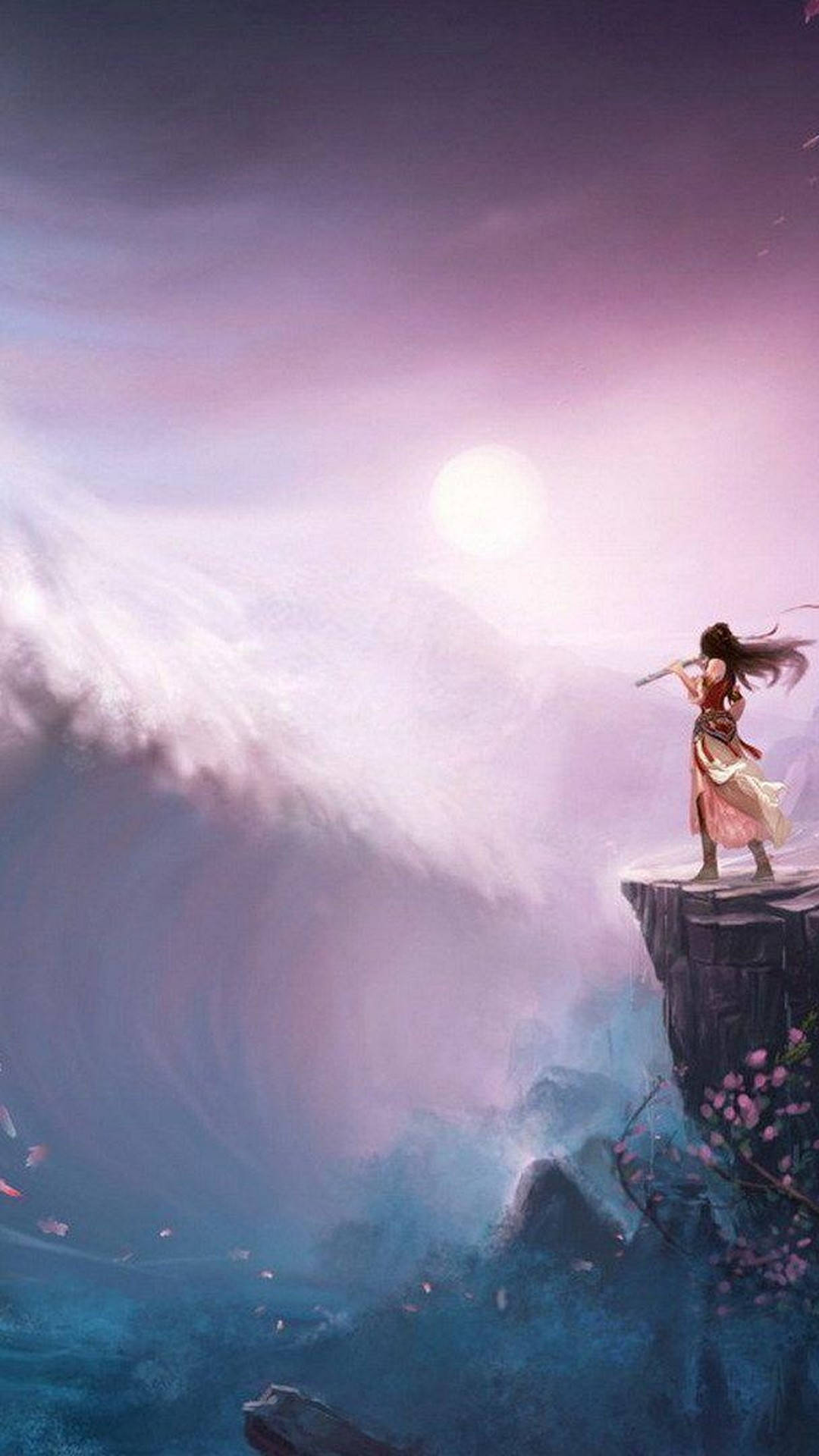 動漫女性在懸崖上吹奏長笛，巨大波浪在發光月亮下在下方撞擊。