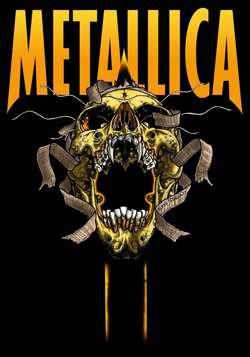 Metallica樂隊標誌，在黑色背景上有一個尖叫的金色頭骨和絲帶。