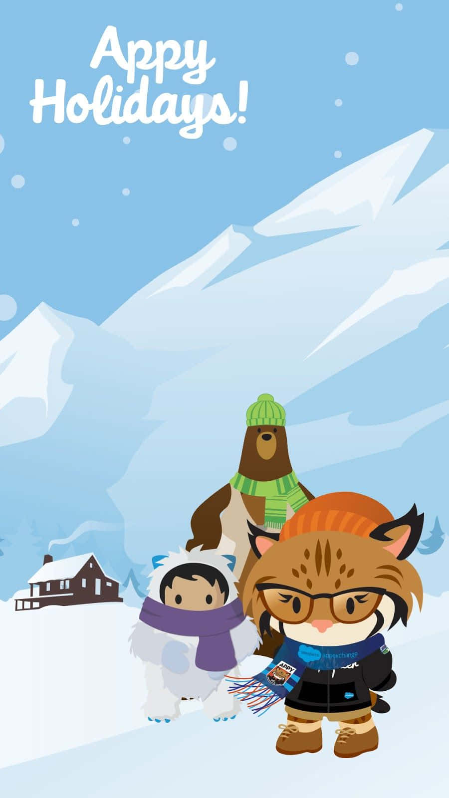 三隻卡通動物穿著冬季裝備站在雪山前，有一座小屋。