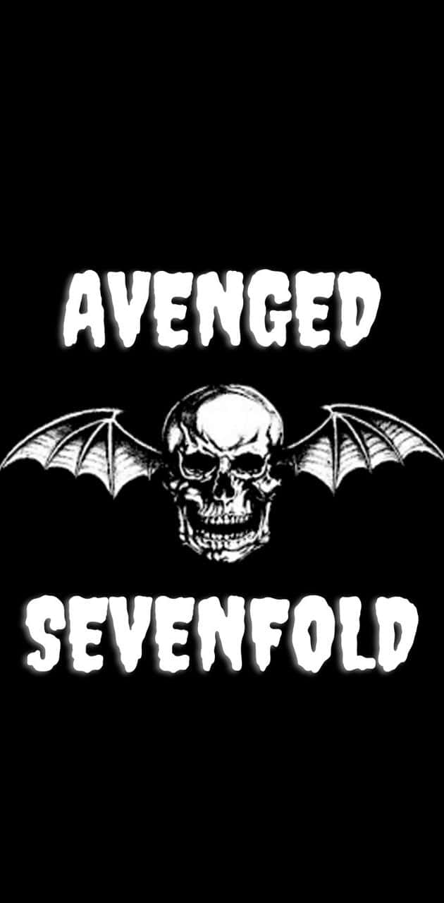 Avenged Sevenfold 標誌，帶有骷髏頭和蝙蝠翅膀，黑色背景。