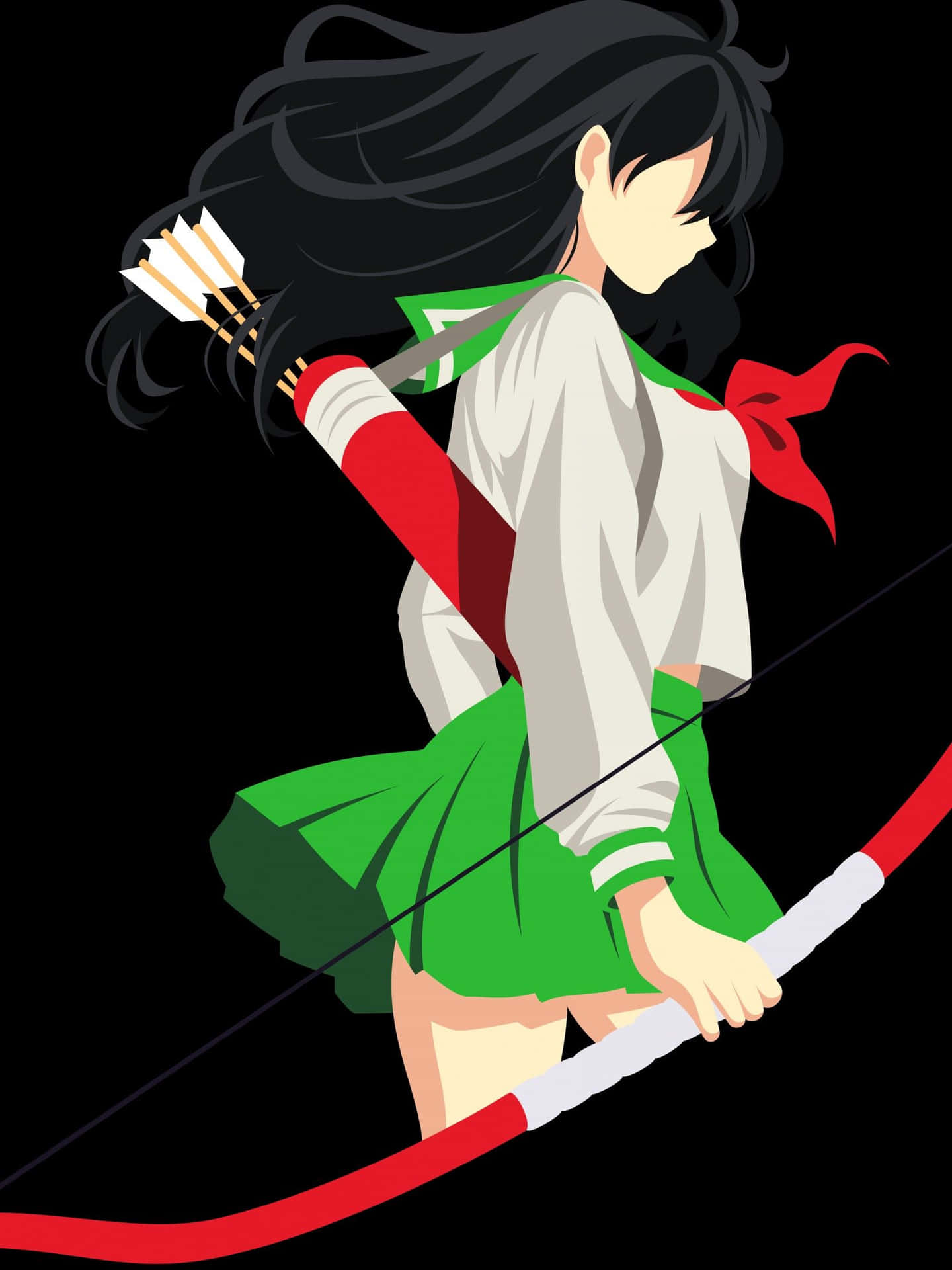 穿著綠色校服的動漫弓箭手女孩在黑色背景下拉弓。