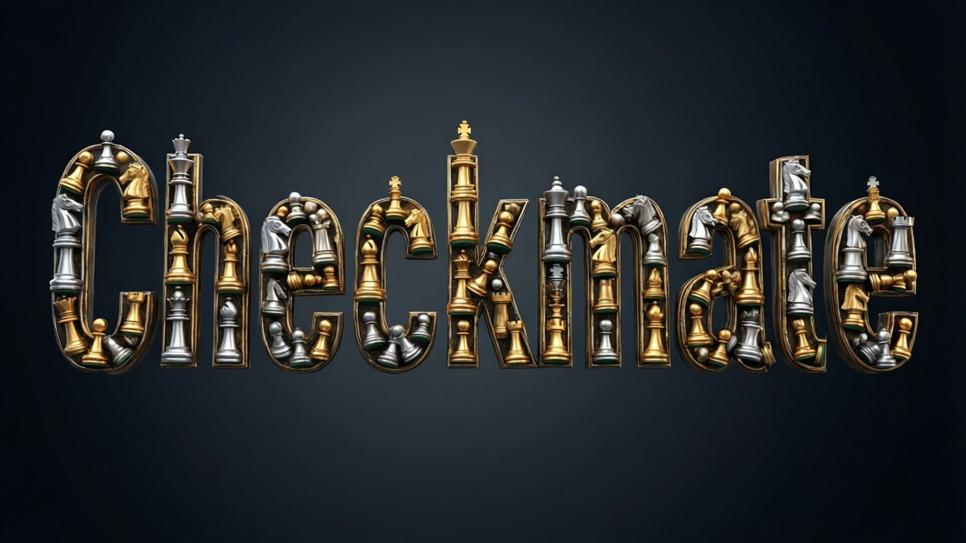 將死字體設計 壁紙 — 「Checkmate」一詞由金色和銀色的金屬國際象棋棋子組成，背景為深色漸變。