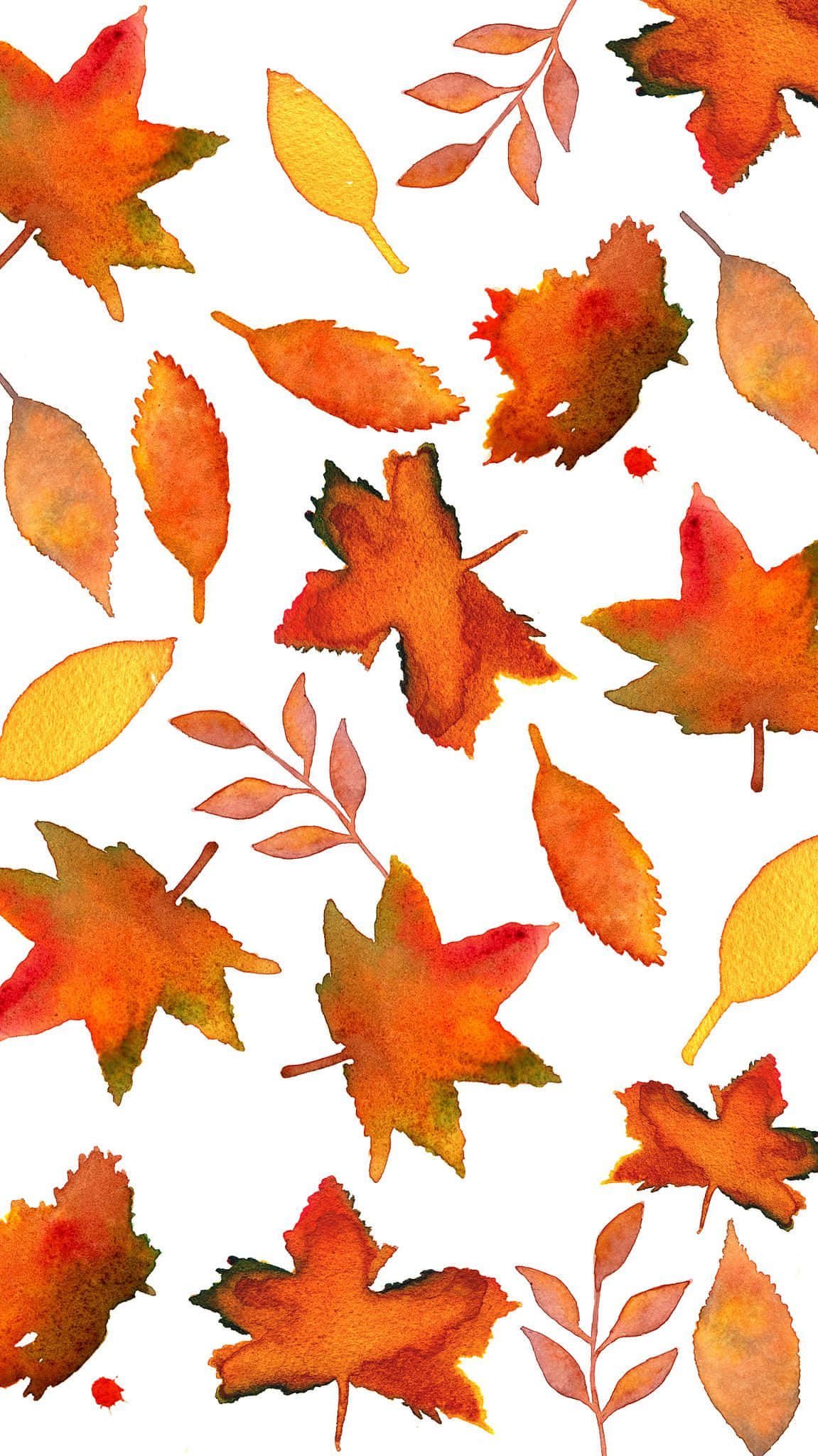 將秋日溫暖握在手中 壁紙 — 鮮豔的水彩秋葉，呈現橙色、紅色和黃色色調，散落在潔淨的白色背景上。