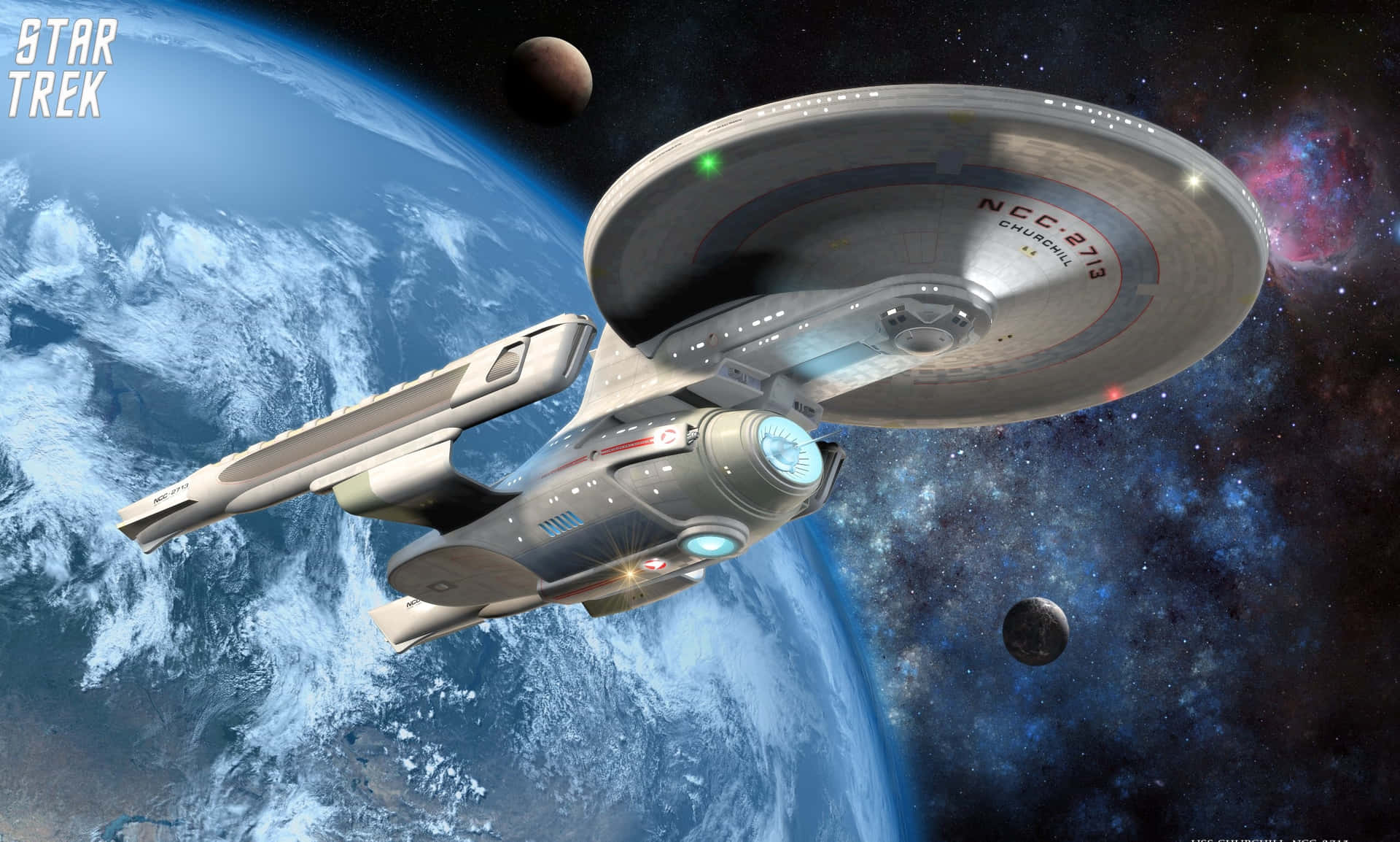 企業號星艦在深空中繞著一顆藍色行星運行。