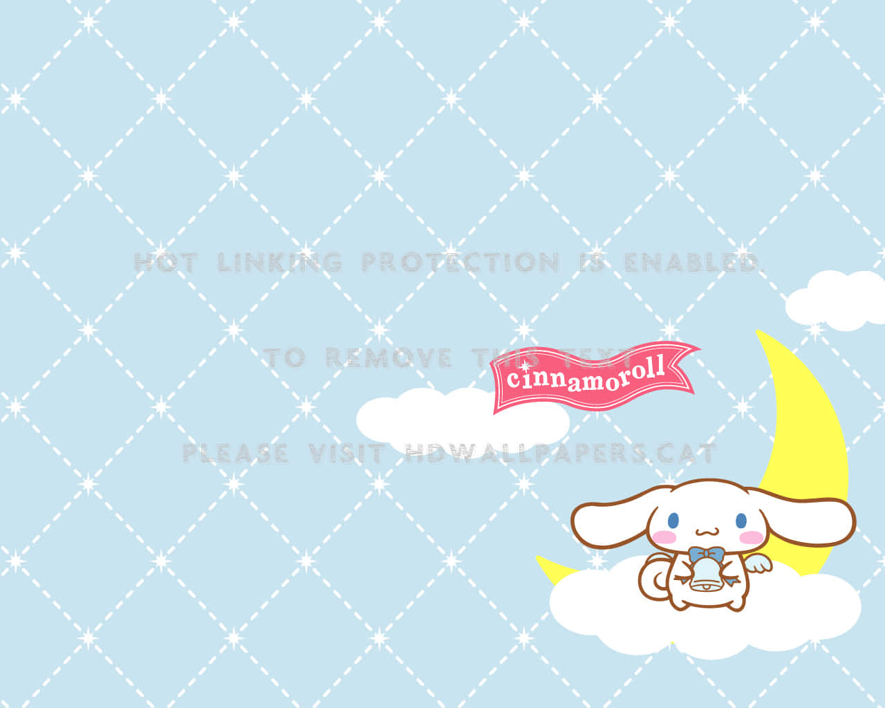 Cinnamoroll 在雲上拿著杯子，新月在粉藍色天空中。