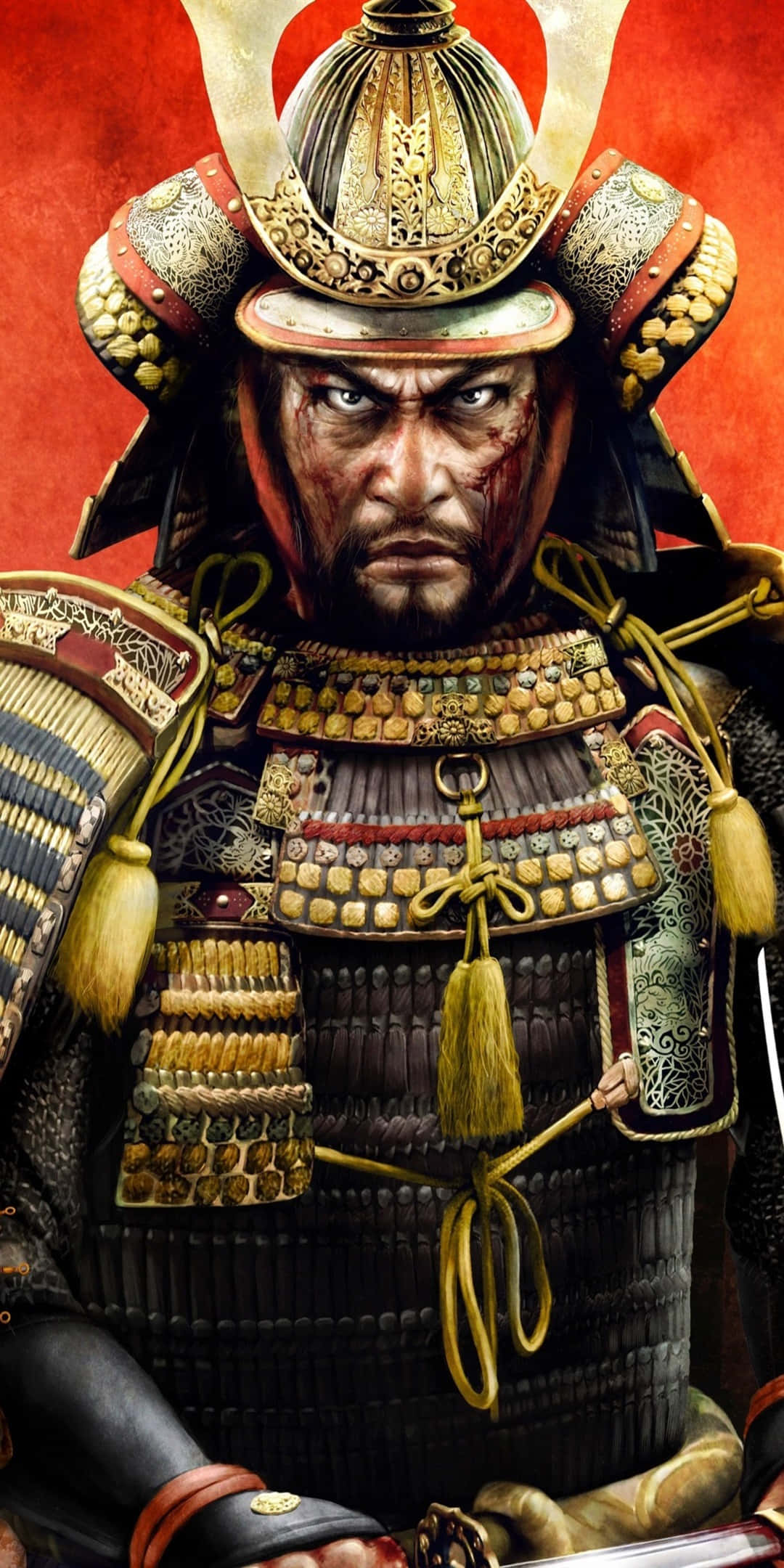 將軍 Pixel 3 Total War Shogun 2 背景 壁紙 — 一位兇猛的武士戰士，身穿華麗的金色和黑色盔甲，在鮮紅色的背景下強烈凝視。