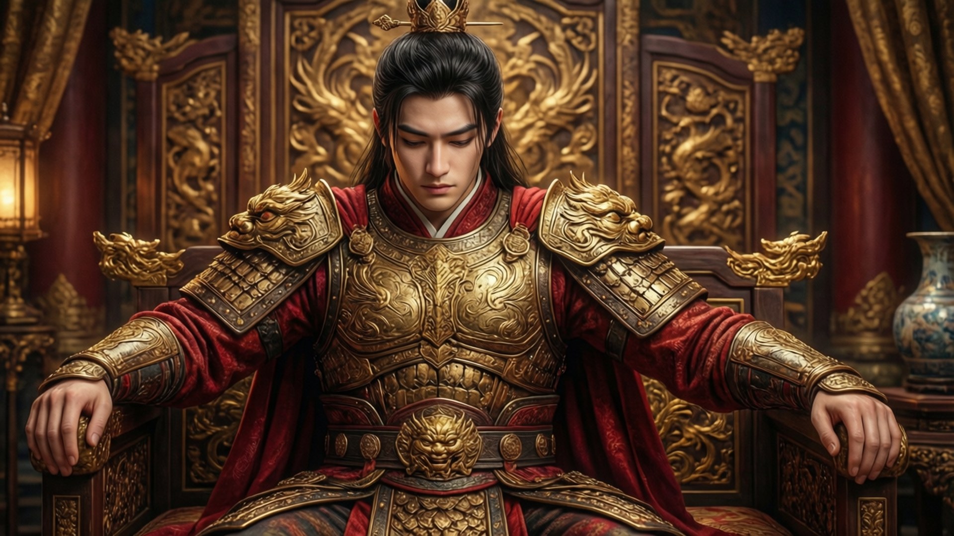 一位身穿金色盔甲的威嚴中國皇帝坐在皇家王座上。