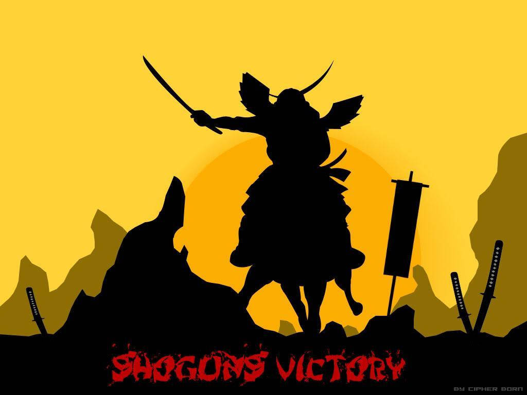 將軍的黑暗勝利 壁紙 — 騎在馬上的武士剪影，揮舞著劍，背景是充滿活力的黃色日落，散落著劍和一面旗幟。