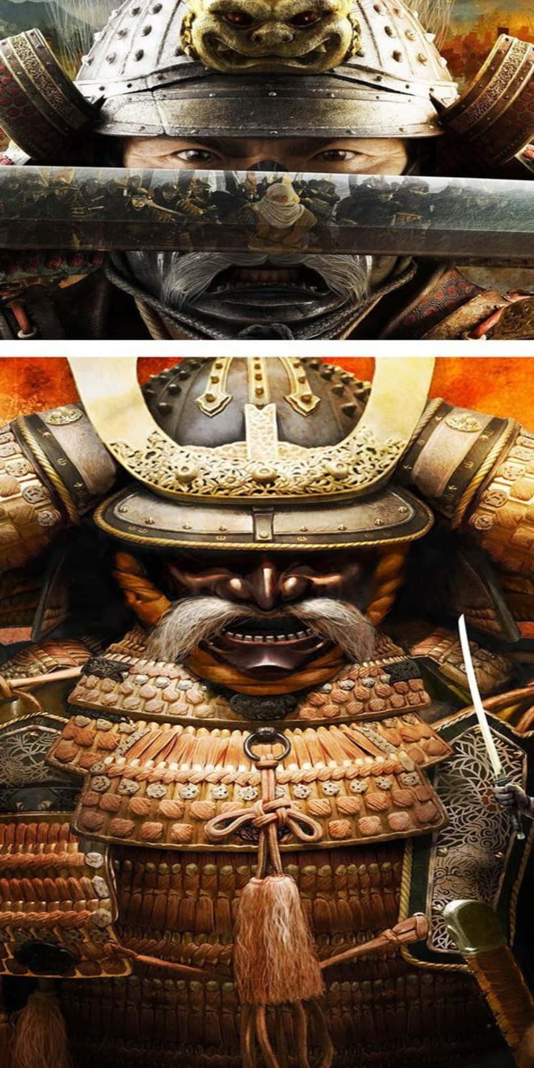 將軍與指揮官 Pixel 3 Total War Shogun 2 背景 壁紙 — 一位身穿華麗鎧甲、戴著威嚇面具、手持利劍的兇猛武士，背景是熊熊烈火。