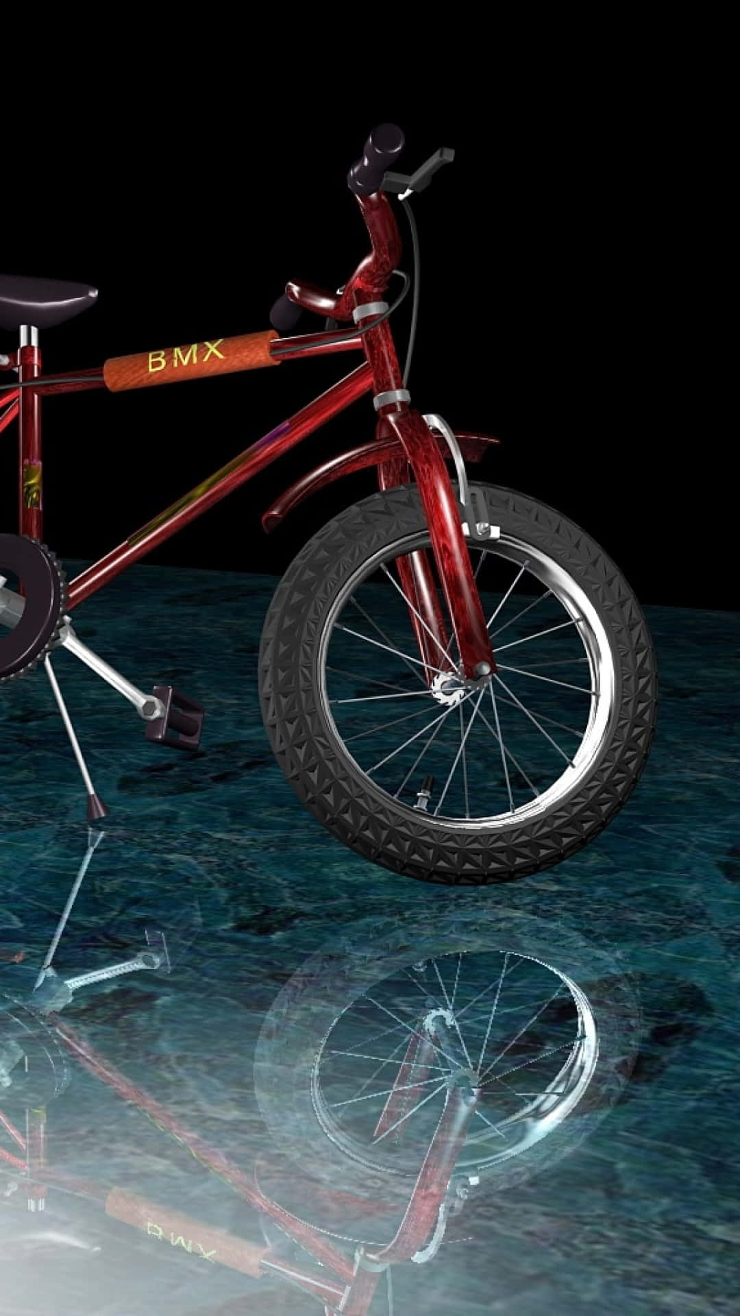 紅色BMX單車漂浮在反射青綠色水面上，黑色背景。