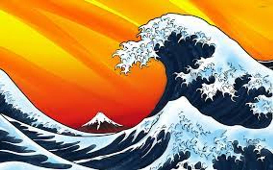 專業 Outlook 使用介面 壁紙 — 一道高聳的藍色巨浪衝擊著熾熱的橙色日落，背景是遠處的雪山。