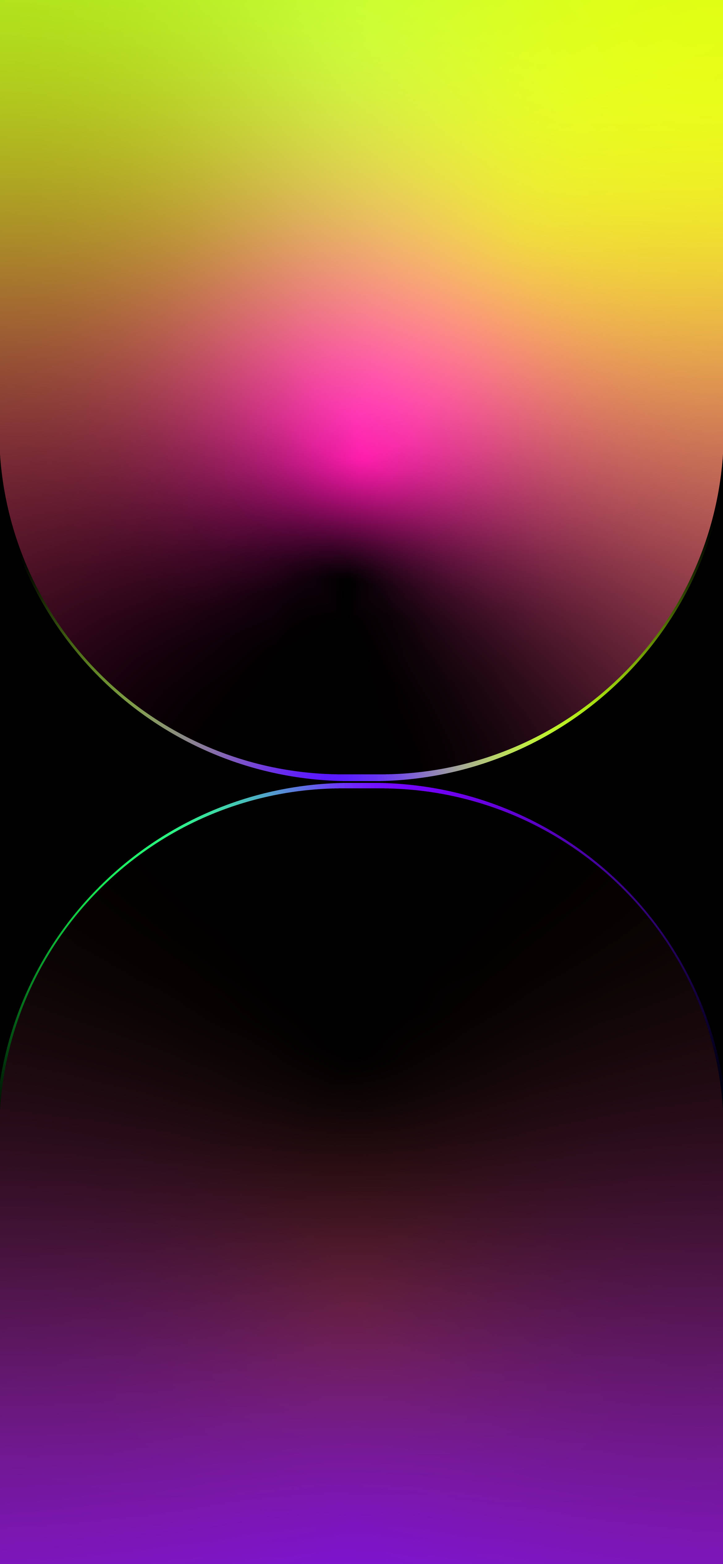 專業3D紋理作品 壁紙 — 充滿活力的漸變圓圈在深色背景上發出霓虹黃、粉紅和紫色的光芒。