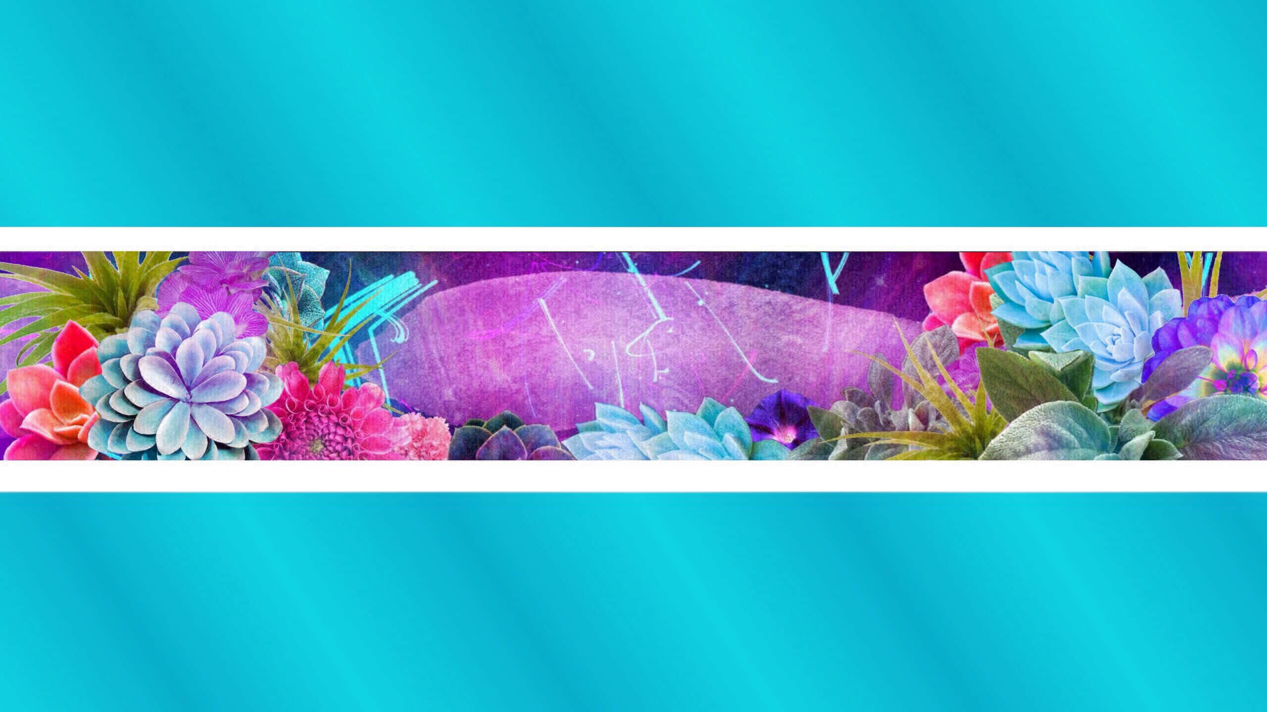 專業且吸睛的美觀 YouTube 頭像橫幅背景 壁紙 — 色彩繽紛的多肉植物和花朵在流動的藍綠色背景上形成一條色彩繽紛的帶子。