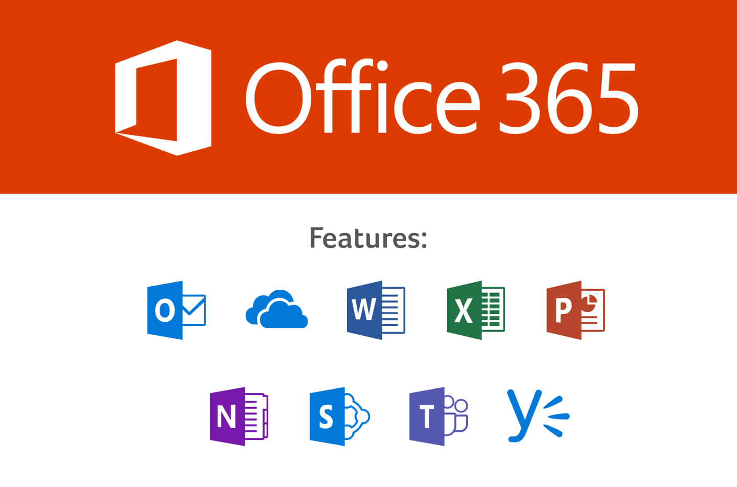 專業人士在桌面電腦上使用 Office 365 應用程式 壁紙 — Office 365 標誌和應用程式圖示顯示在鮮明的橙色和白色背景上。