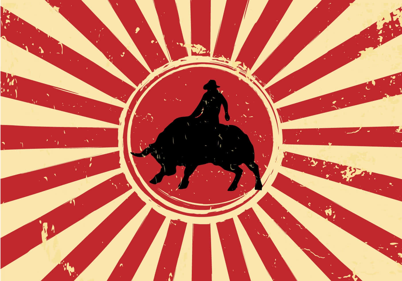 專業公牛騎手朝勝利前進 壁紙 — 一個大膽的黑色剪影，描繪一位鬥牛士騎在衝鋒的公牛上，位於紅色圓圈中央，背景是紅色和奶油色的太陽光線圖案。
