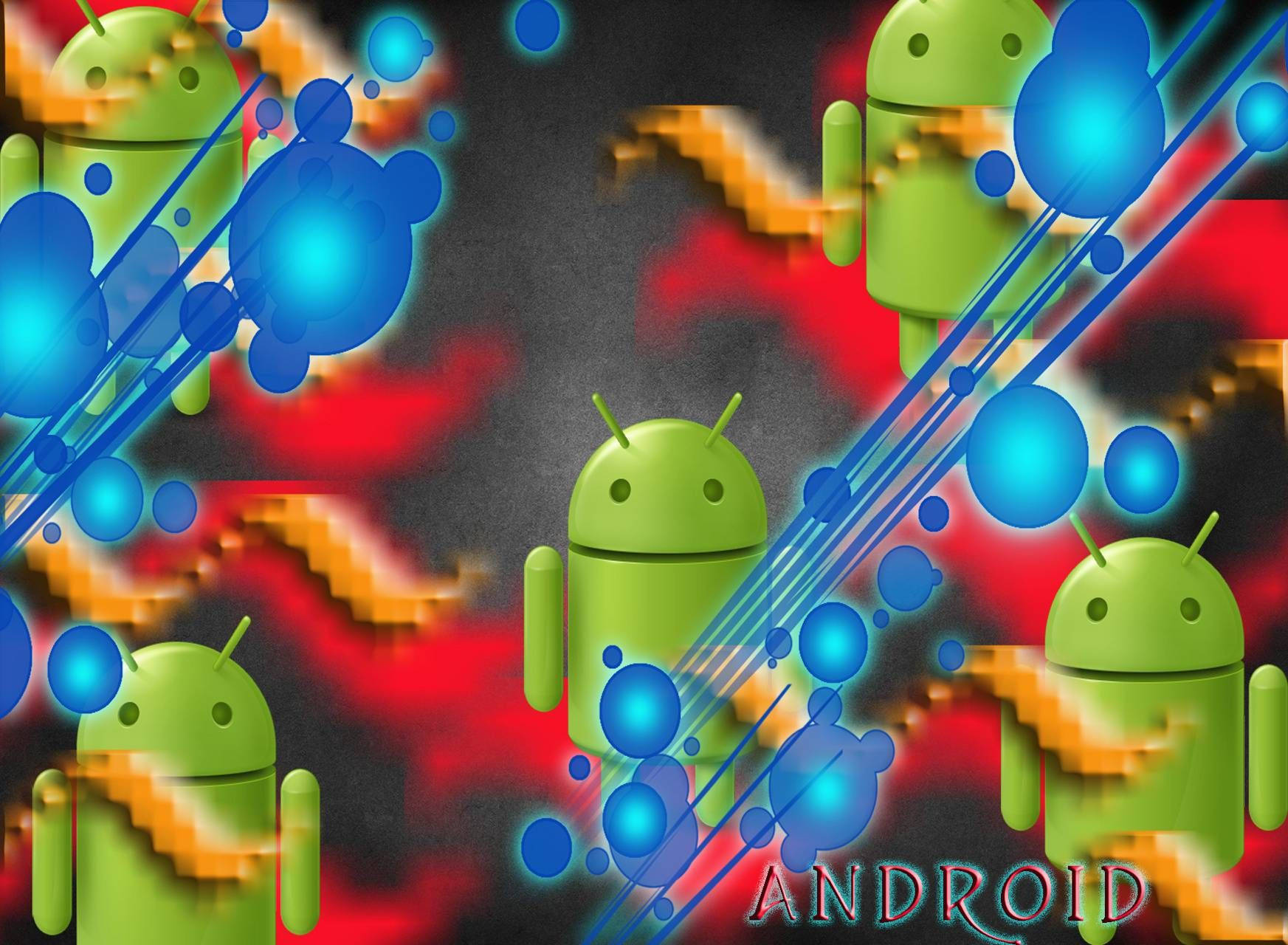 綠色Android吉祥物被發光的藍色球體和熾熱的像素軌跡包圍。