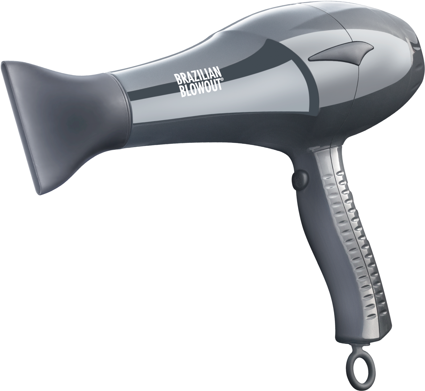 專業巴西吹風機 壁紙 — 一款時尚的銀色風筒，帶有「Brazilian Blowout」品牌標誌，展示在純黑色背景上。
