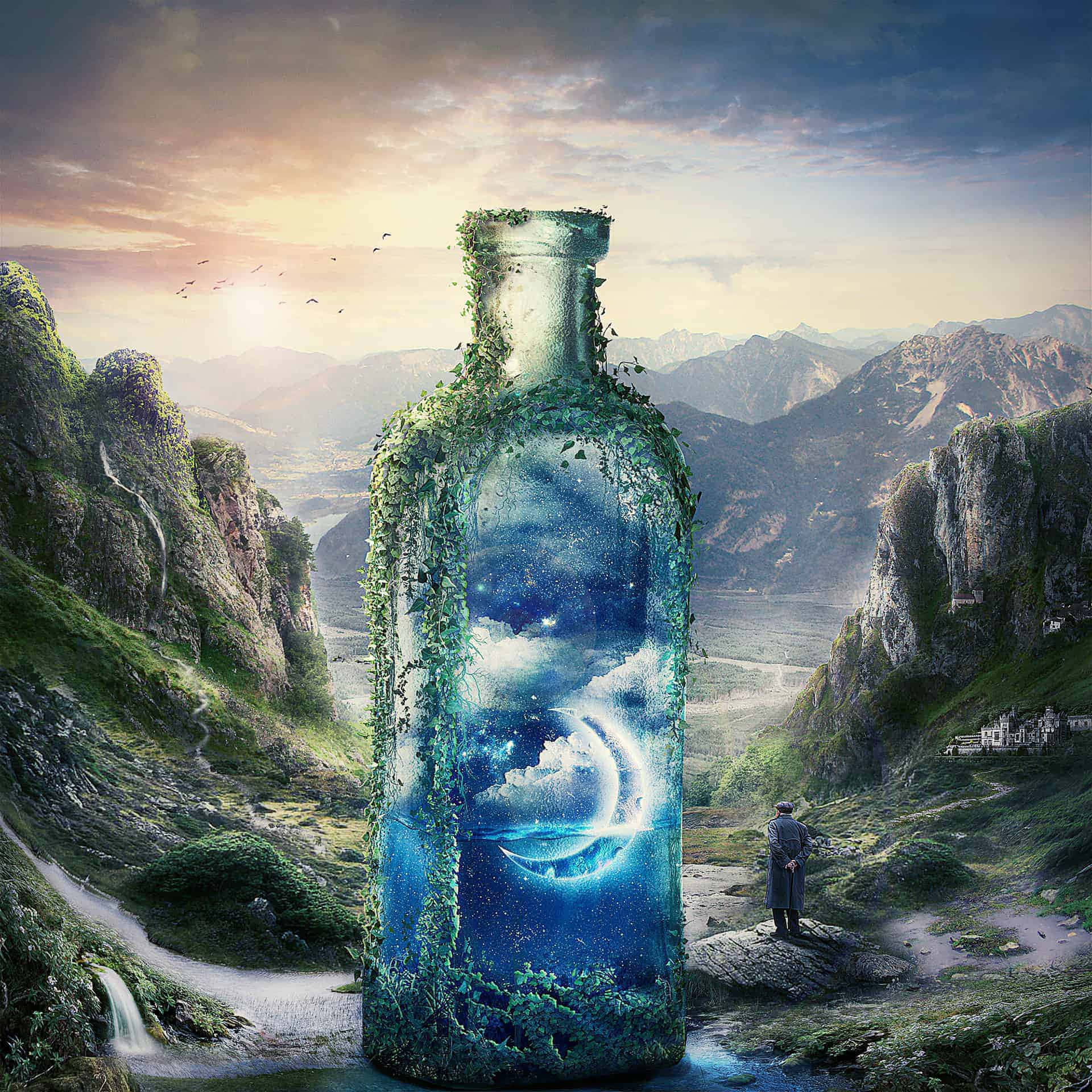 一個有藤蔓和內部發光月亮的巨大玻璃瓶在日出時矗立在山谷中。