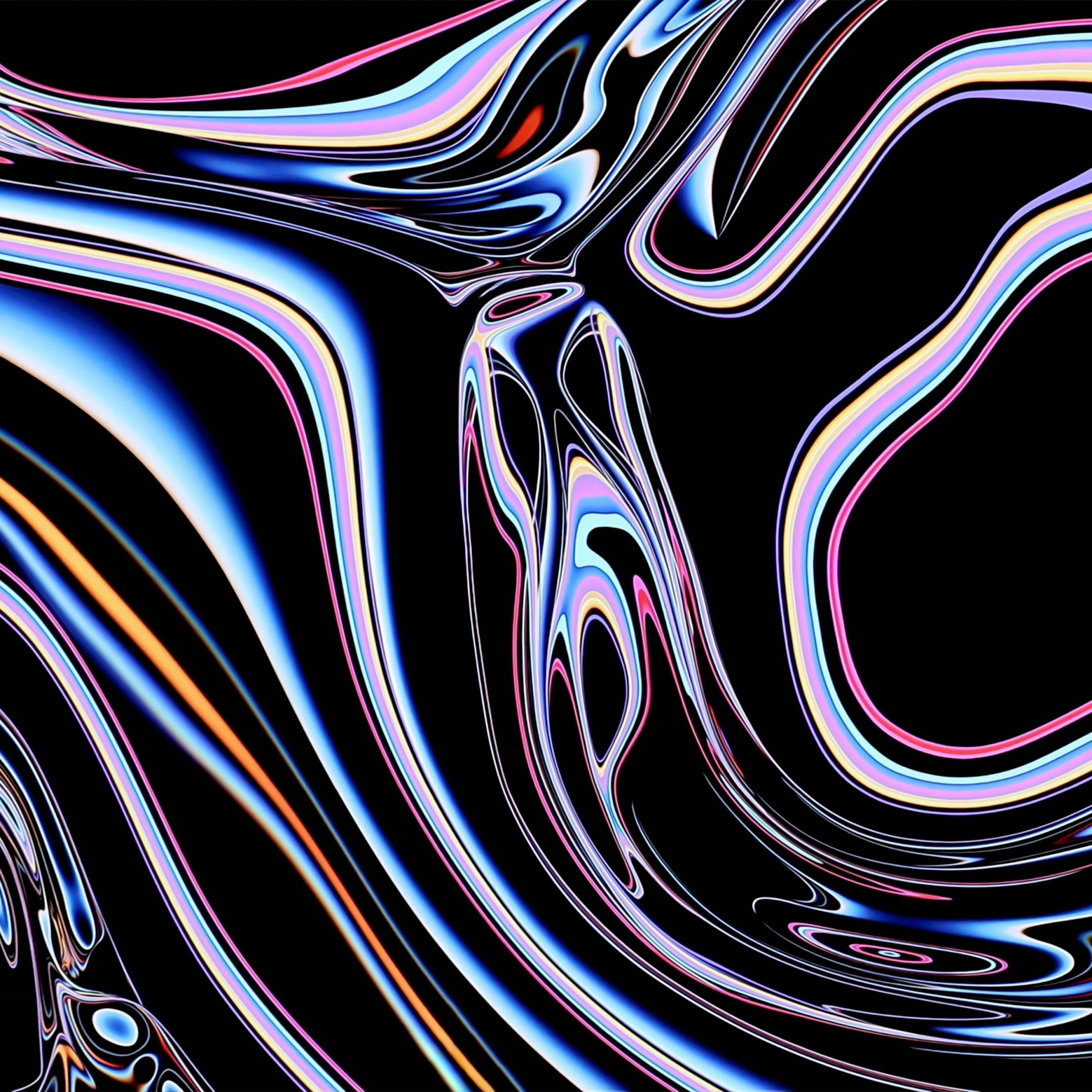 專業油面光影 壁紙 — 充滿活力的霓虹絲帶在深黑色背景上以催眠般的曲線流動，營造出未來感的數位抽象。