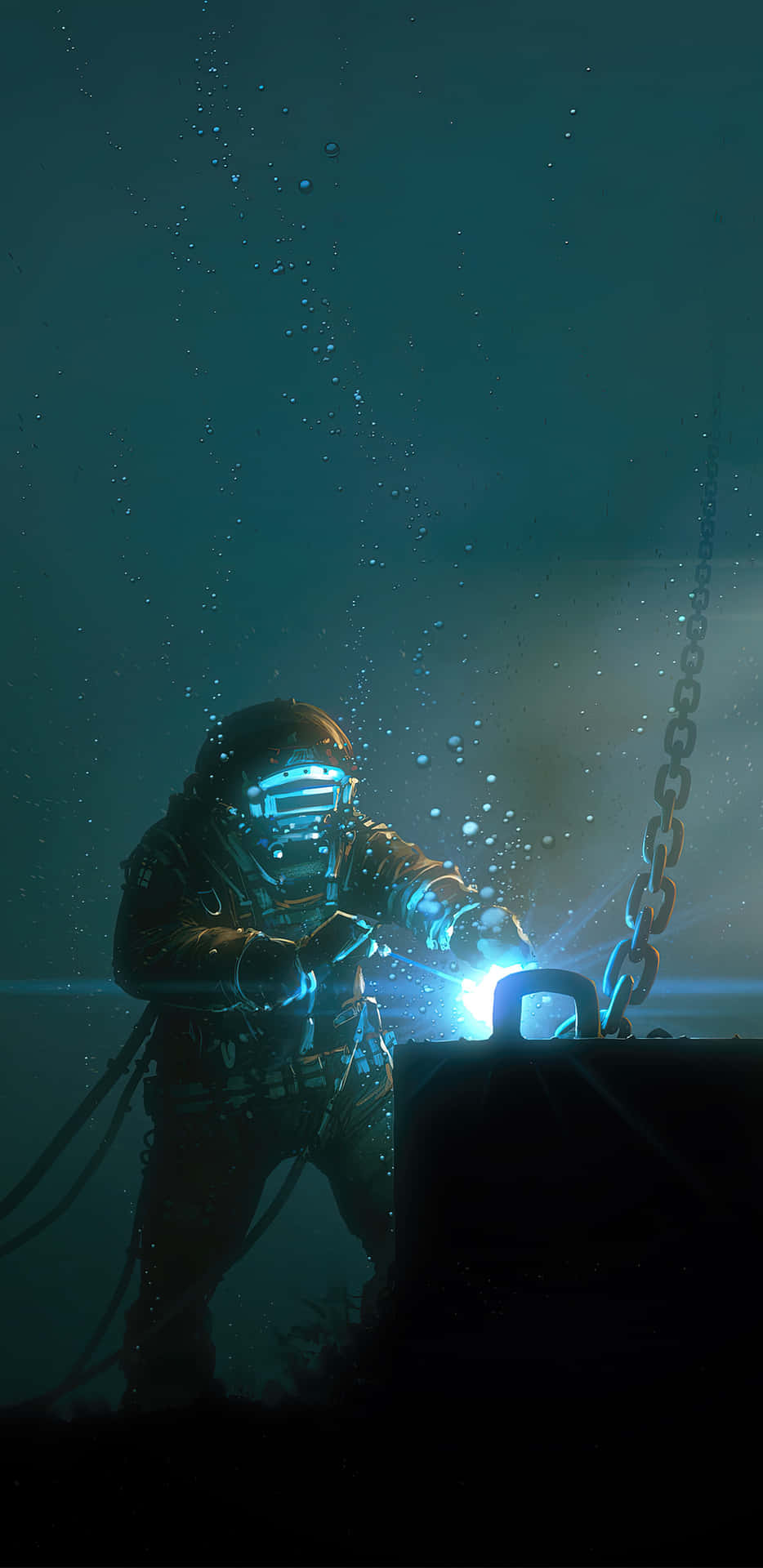 一名潛水員在深藍綠色環境中水下焊接發光鏈條。