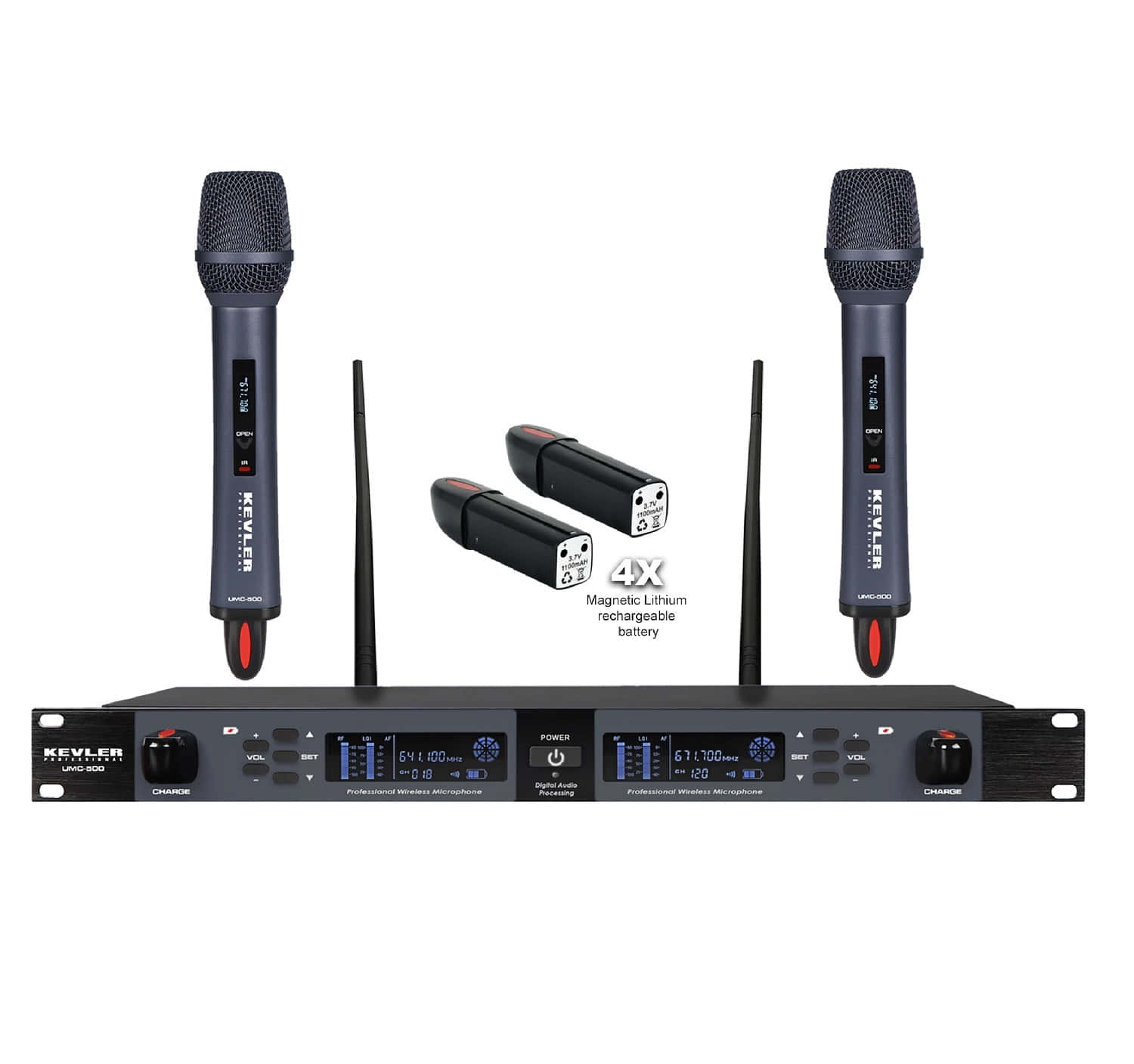 Microphone 桌布 壁紙 — 專業無線咪高峰系統，配備兩支手持咪高峰及接收器，以白色背景展示。