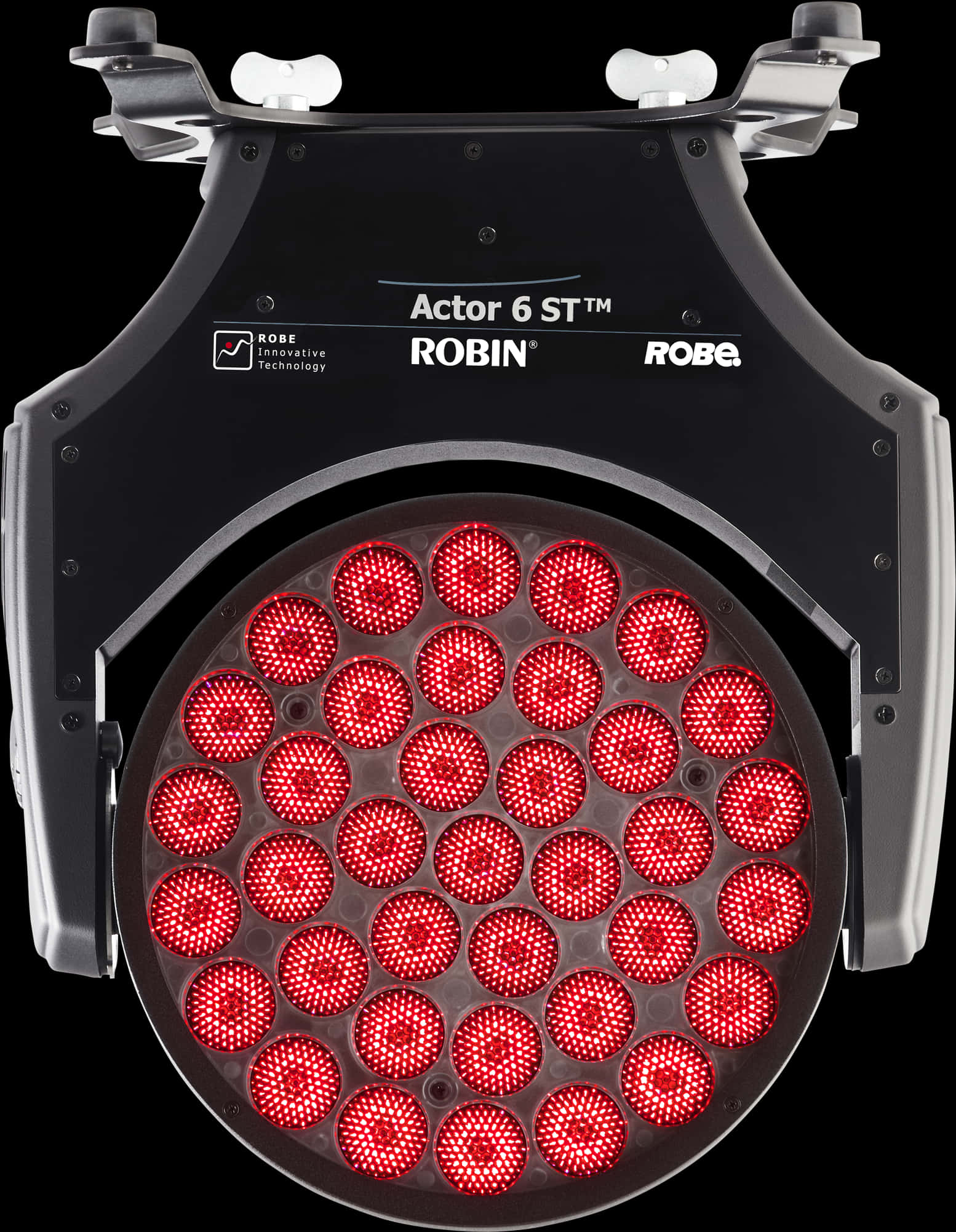 專業舞台燈具 壁紙 — 黑色ROBE Actor 6 ST舞台燈的特寫，帶有發光的紅色LED面板，背景為深色。