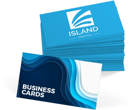 專業藍色商務名片堆疊 壁紙 — 一堆藍色名片，帶有波浪設計和 'ISLAND PRINTING' 標誌，背景為黑色。