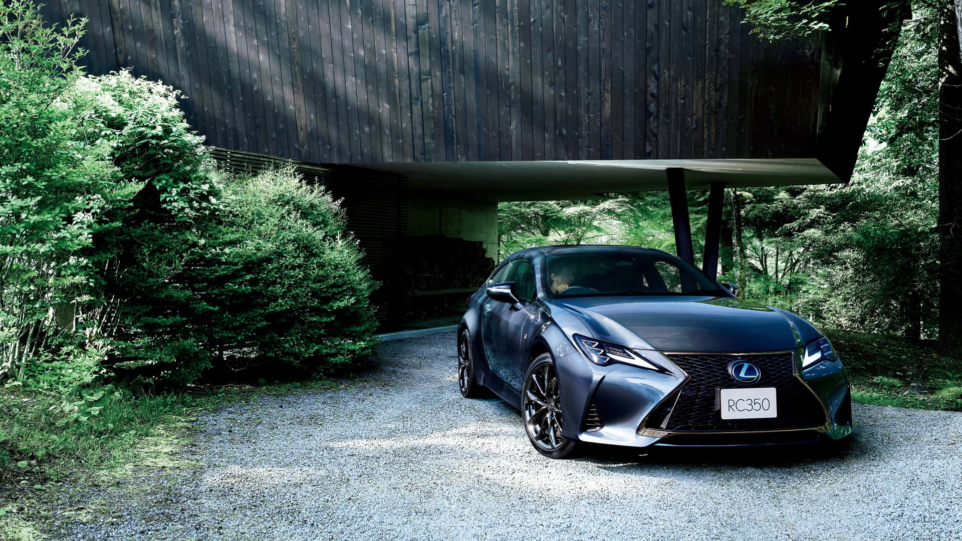 啞光灰色Lexus RC350停泊在森林中一座現代木屋下方。