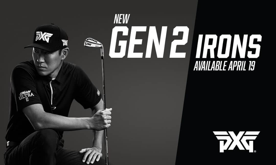 高爾夫球手手持PXG Gen2鐵桿與產品發布文字