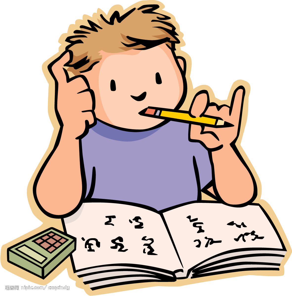 專注學習的學生 壁紙 — 一個金髮的卡通男孩坐在書桌前，咬著鉛筆，同時抱著頭，周圍有一本打開的書和計算器。