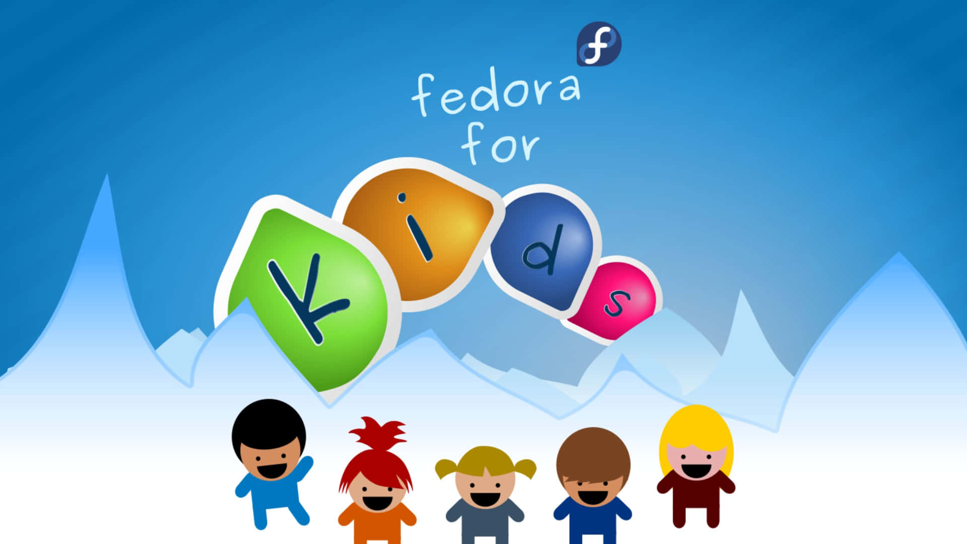 五個快樂的卡通小孩在Fedora for Kids標誌前，背景是山脈。