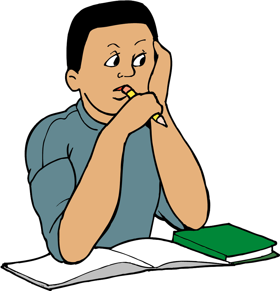 專注學習的學生 壁紙 — 一個穿著藍色襯衫的卡通男孩坐在書桌前，咬著鉛筆，頭靠在手上。