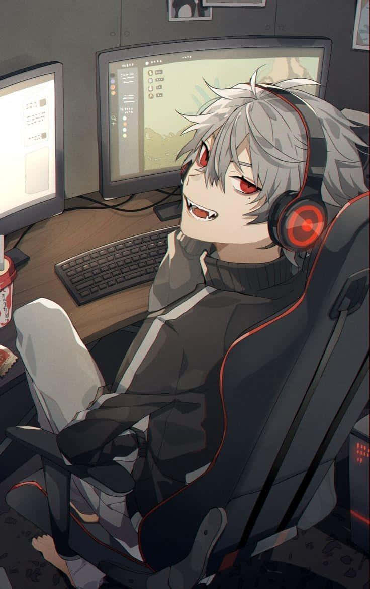 專注的動漫男孩在電腦前學習 壁紙 — 一位銀髮紅眼的動漫遊戲玩家在昏暗的遊戲環境中戴著紅色耳機微笑。