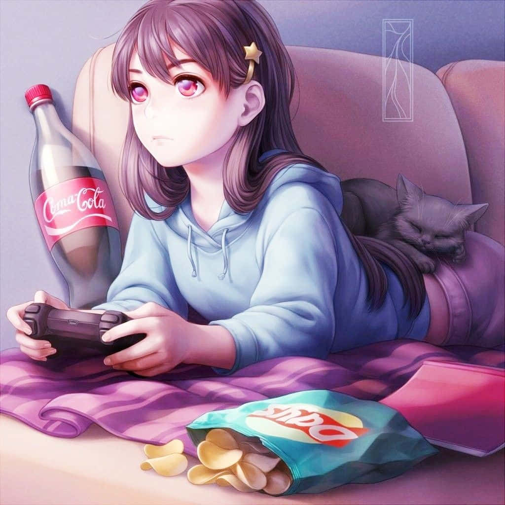 動漫女孩與貓和零食在沙發上玩遊戲