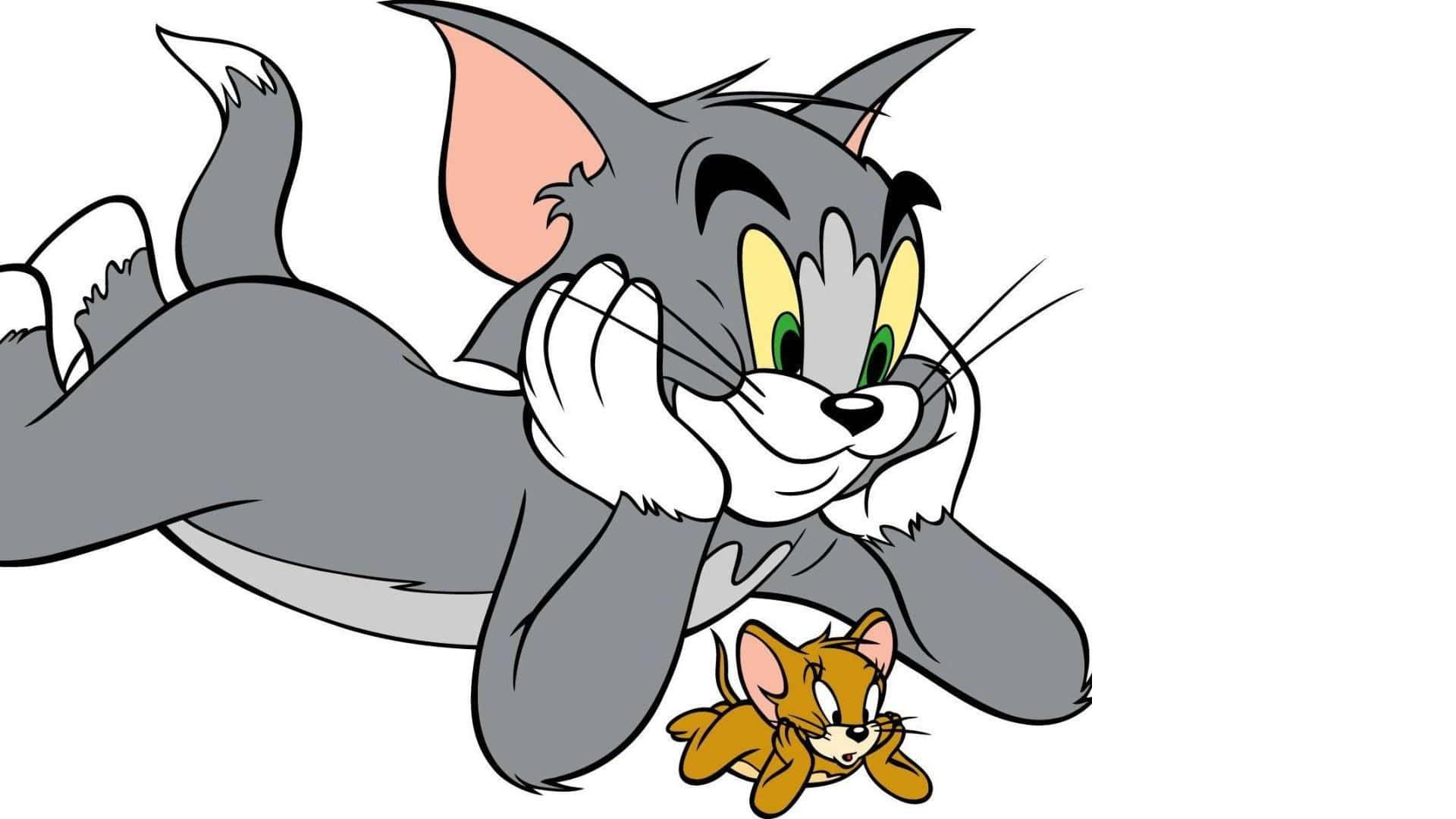 貓 Tom 將爪子放在臉頰上休息，而老鼠 Jerry 抬頭看著他。