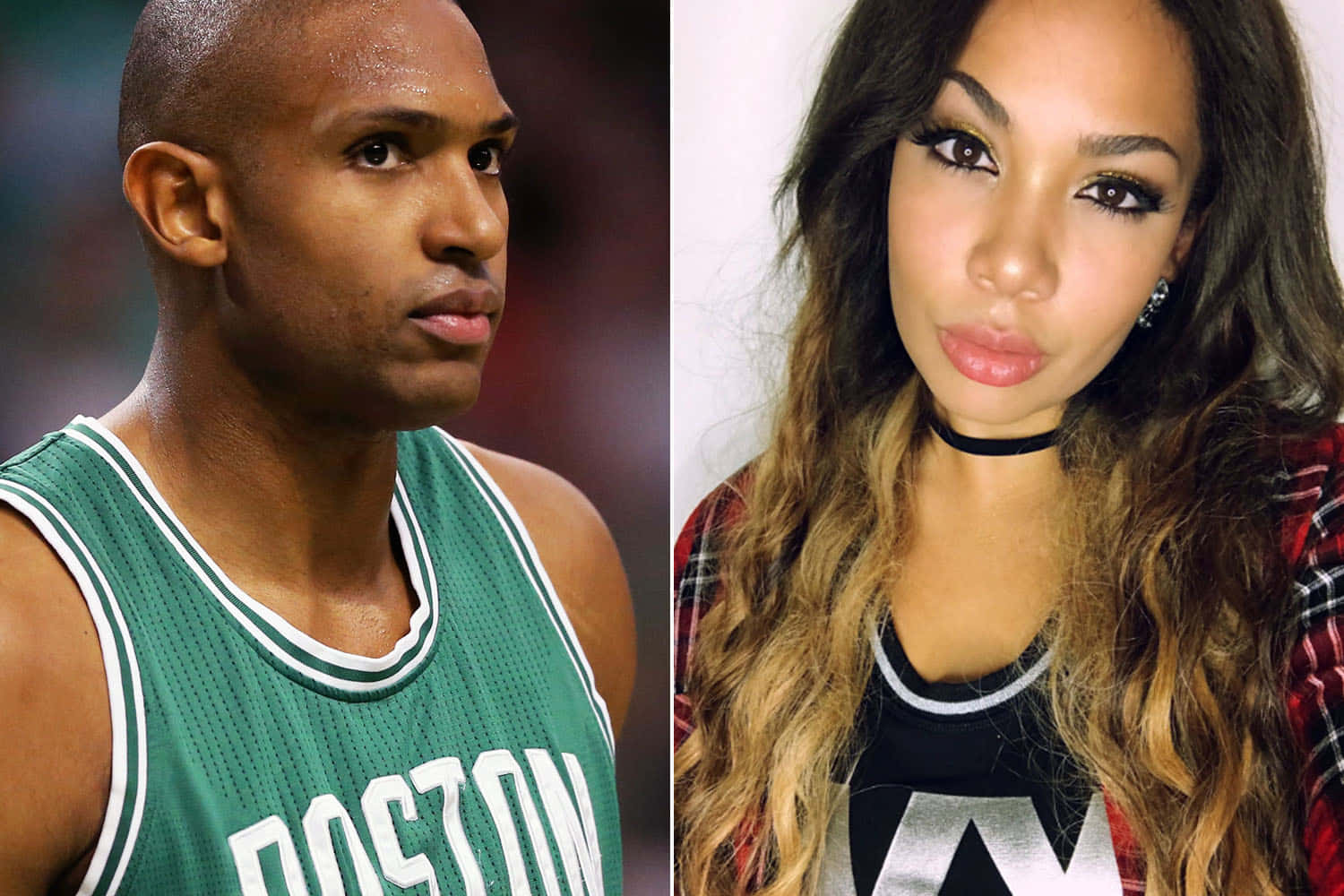 Al Horford 桌布 壁紙 — 專注的籃球運動員身穿綠色波士頓球衣，旁邊是一位長波浪髮、妝容大膽的女性的分割肖像。
