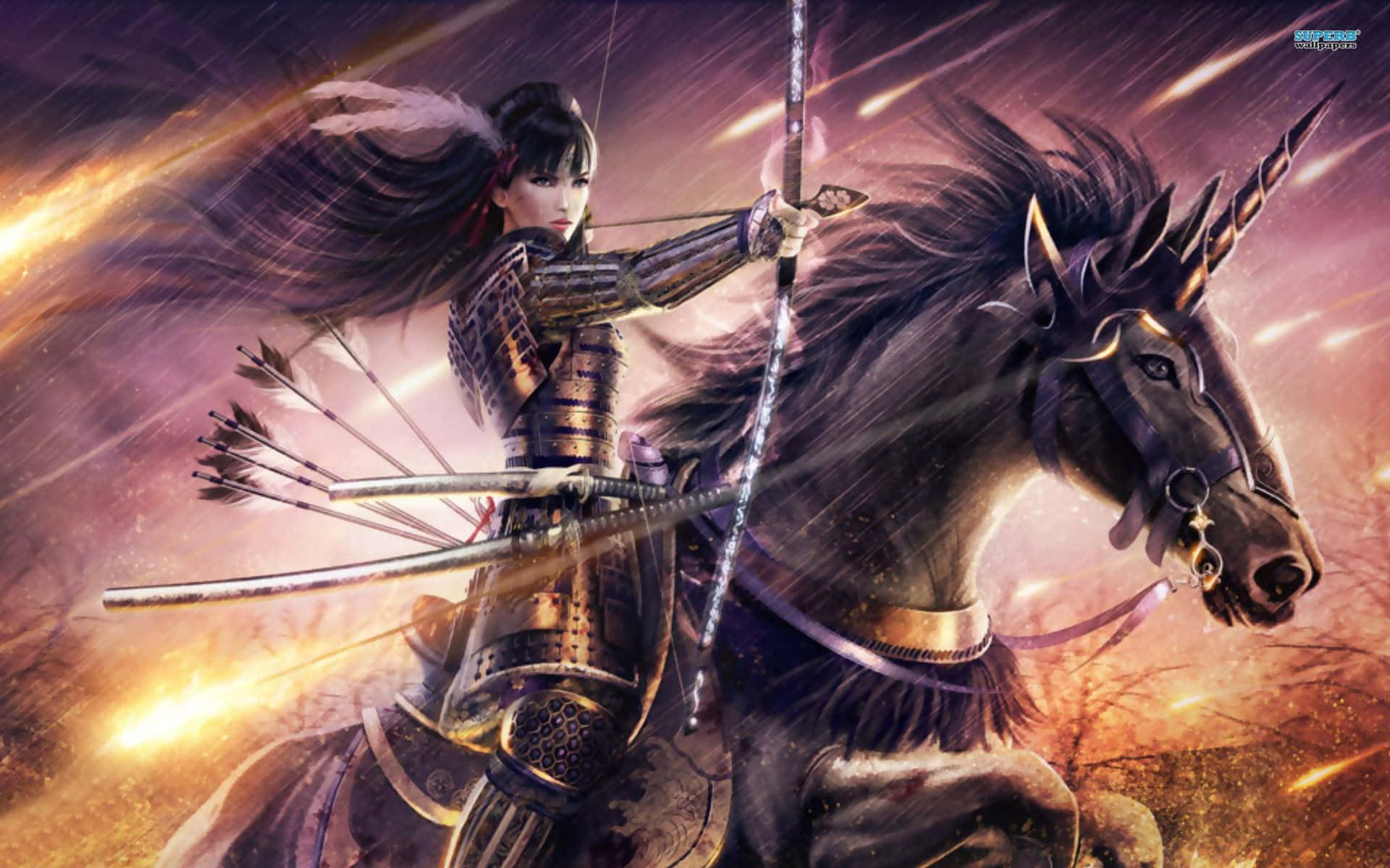 武士騎著獨角獸在熾熱的暴風雨中拉弓。