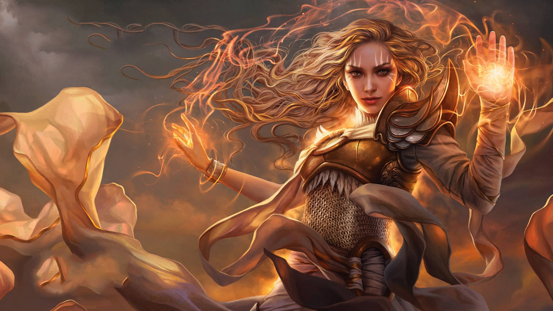 在暴風雨天空中揮舞魔法火焰能量的奇幻女戰士。