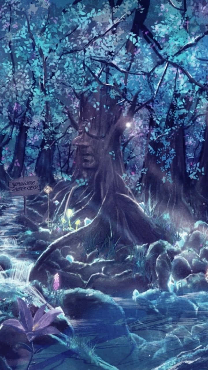 夜晚中，發光的藍色樹木和寧靜小溪的神秘森林。