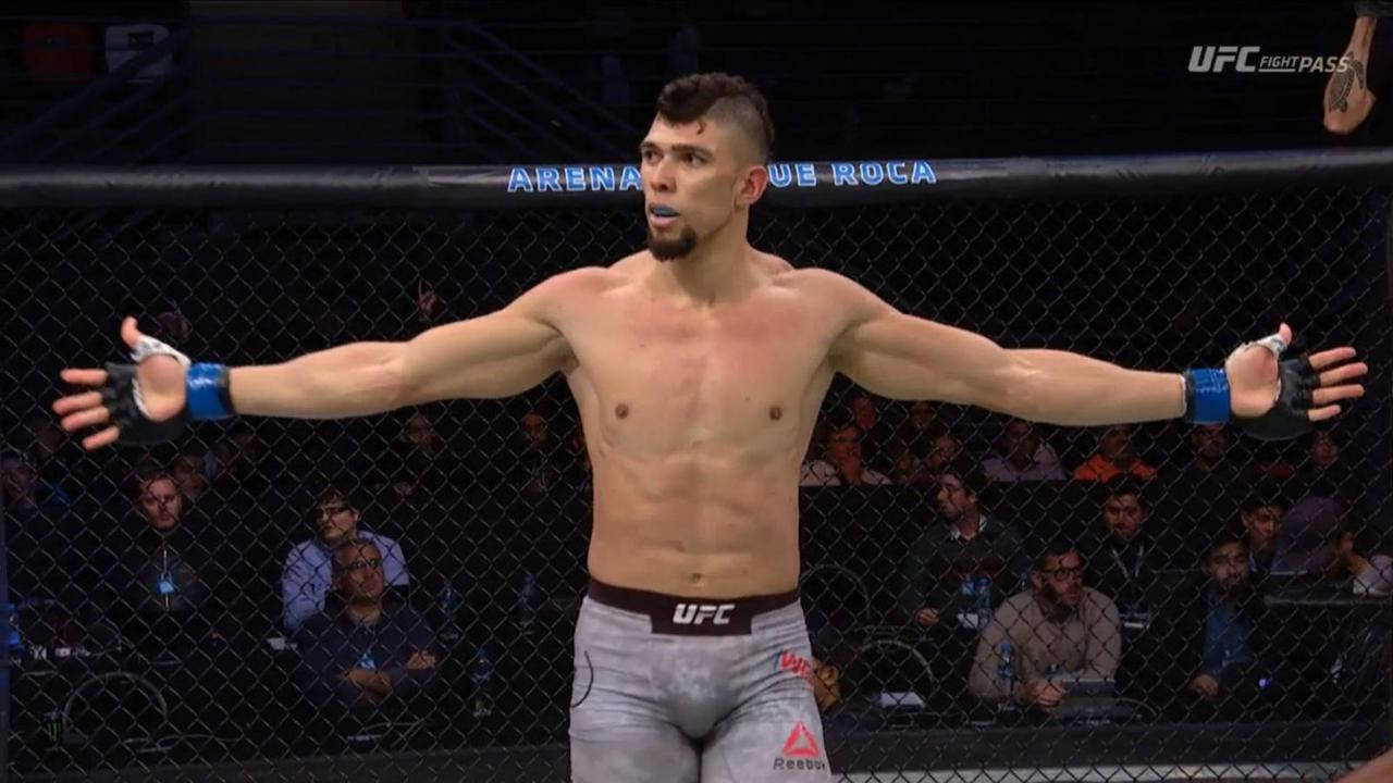 UFC拳手在八角籠中張開雙臂慶祝勝利。