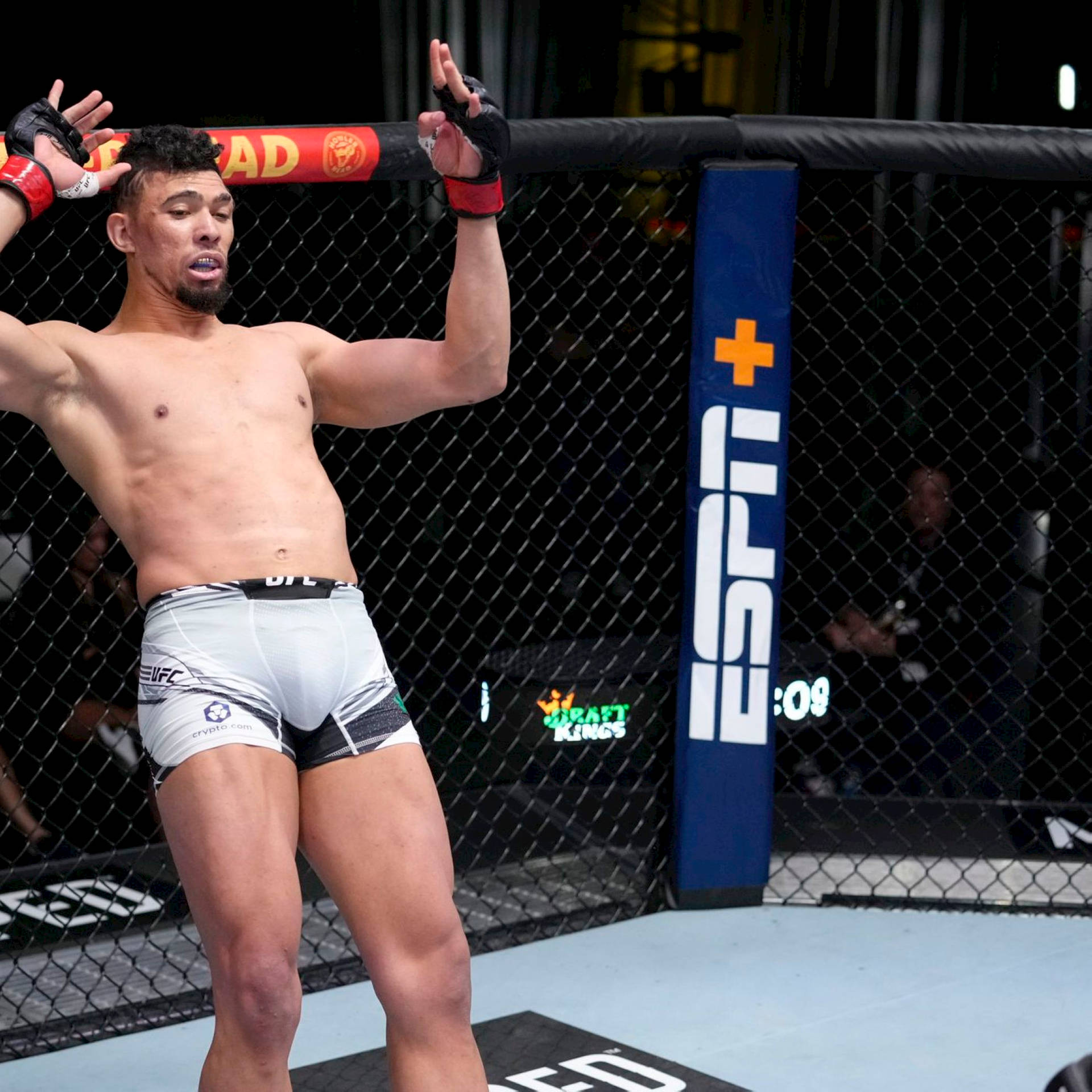 UFC拳手在八角籠內高舉雙臂慶祝勝利。