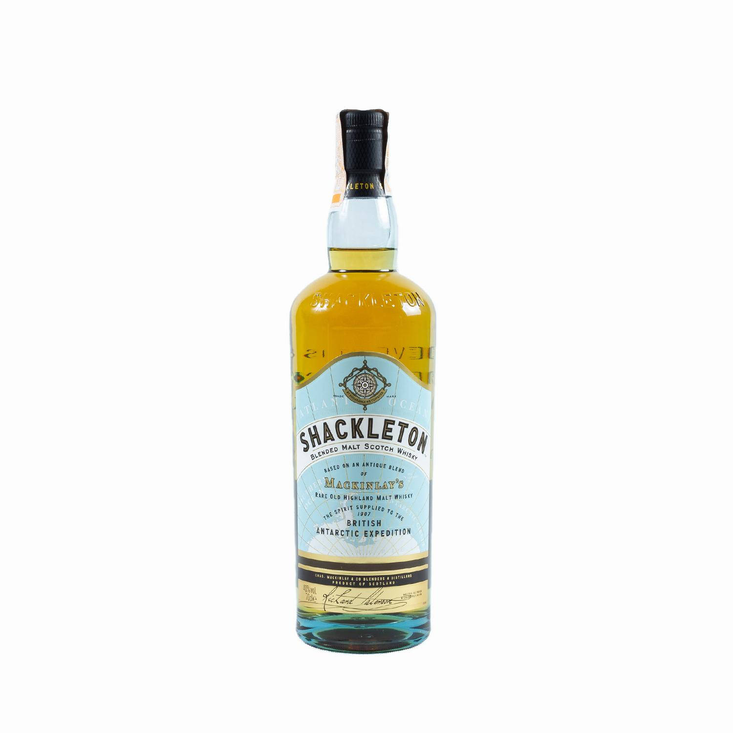帶有南極探險標籤的Shackleton blended malt scotch whisky瓶。