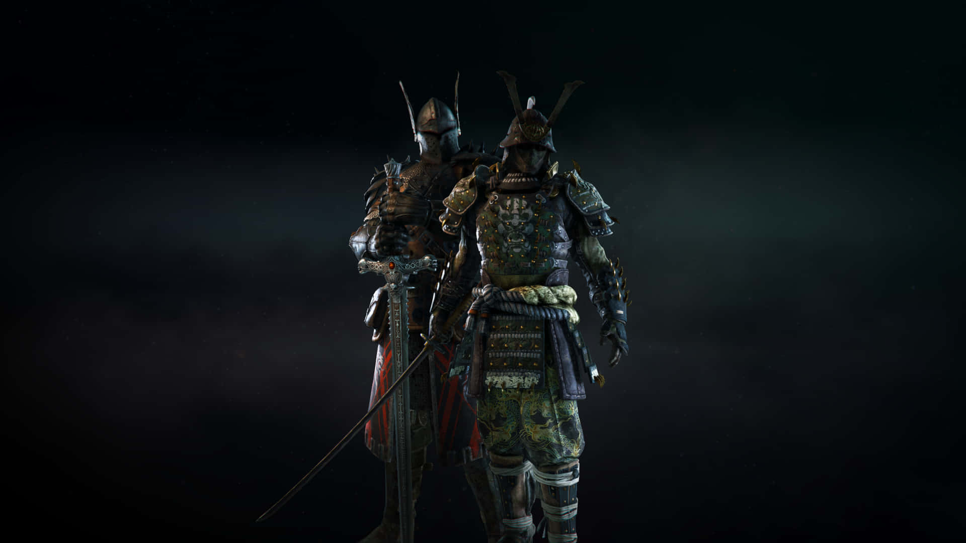 兩名身穿鎧甲的武士站在黑暗迷霧的虛空中，一人手持武士刀，另一人手持長劍，兩人均全副武裝。