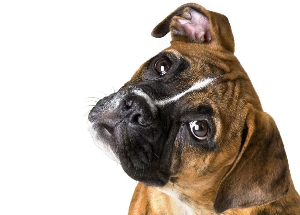 尊貴而溫柔的拳師犬 壁紙 — 一隻虎斑色拳師犬的特寫，眼神充滿表情，一隻耳朵垂落在純白背景前。