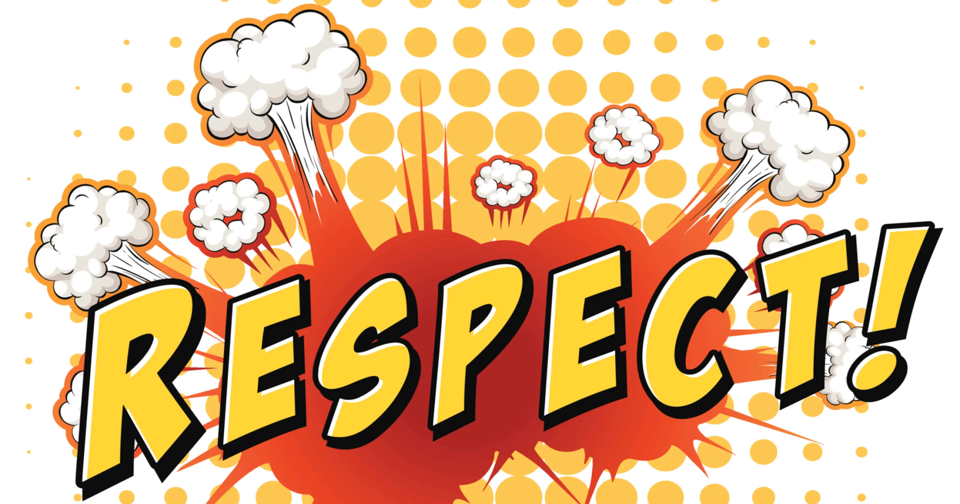 尊重漫畫 - 尊重漫畫 壁紙 — 粗體黃色「RESPECT!」文字從紅橙色爆炸中迸出，帶有白色漫畫雲朵，背景為黃色圓點圖案。