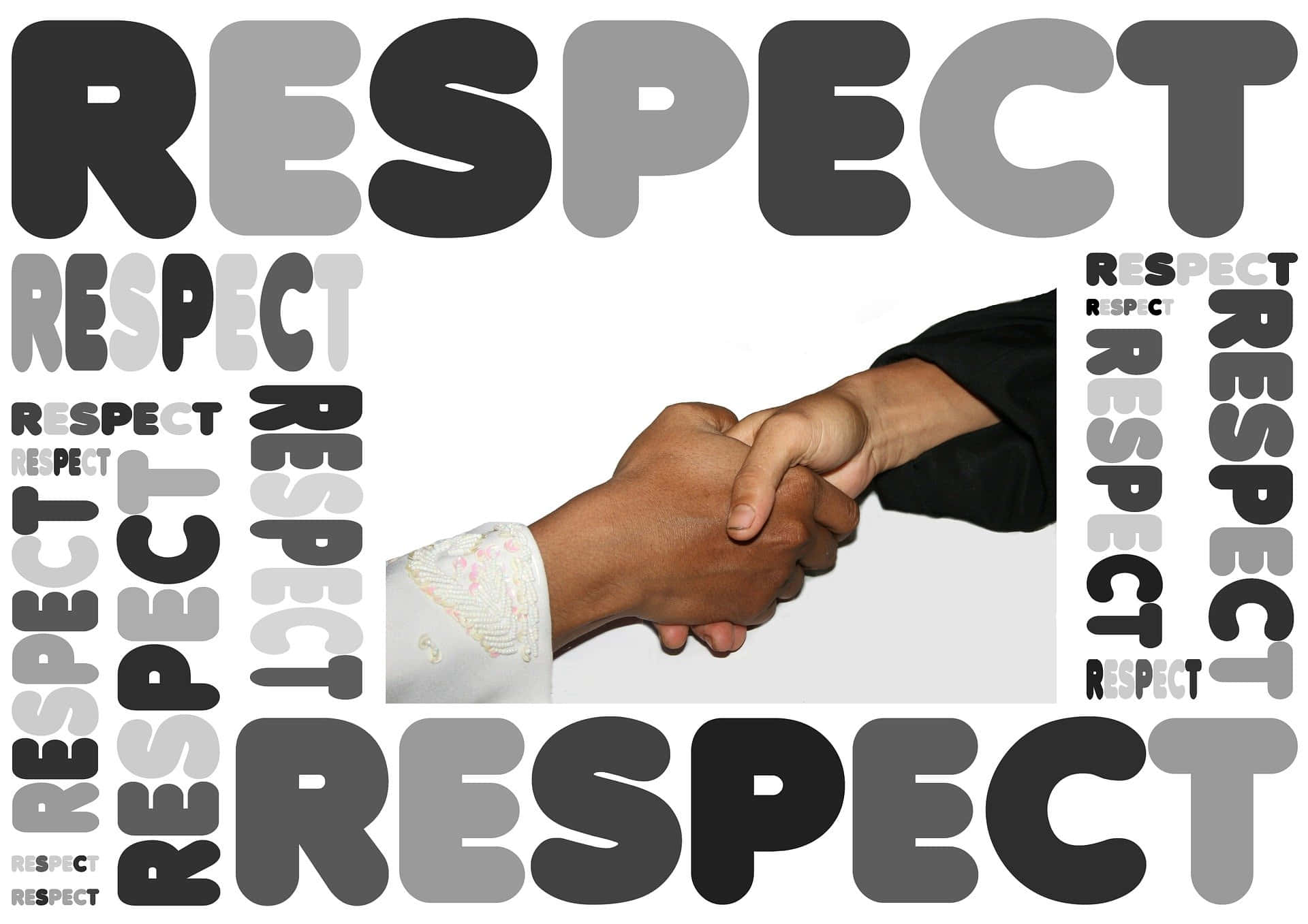 尊重的視覺化表現 壁紙 — 兩隻手用力握手，背景是重複的「RESPECT」文字，採用粗體灰階字體。