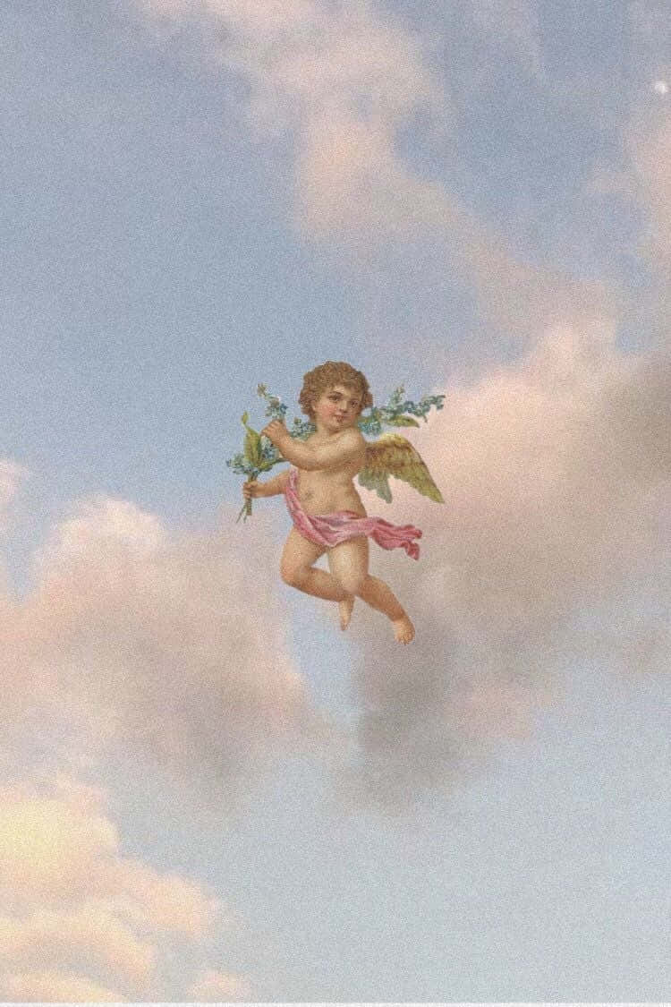 一個有翼的小天使在柔和的天空中飄浮，手持一束藍色花朵。