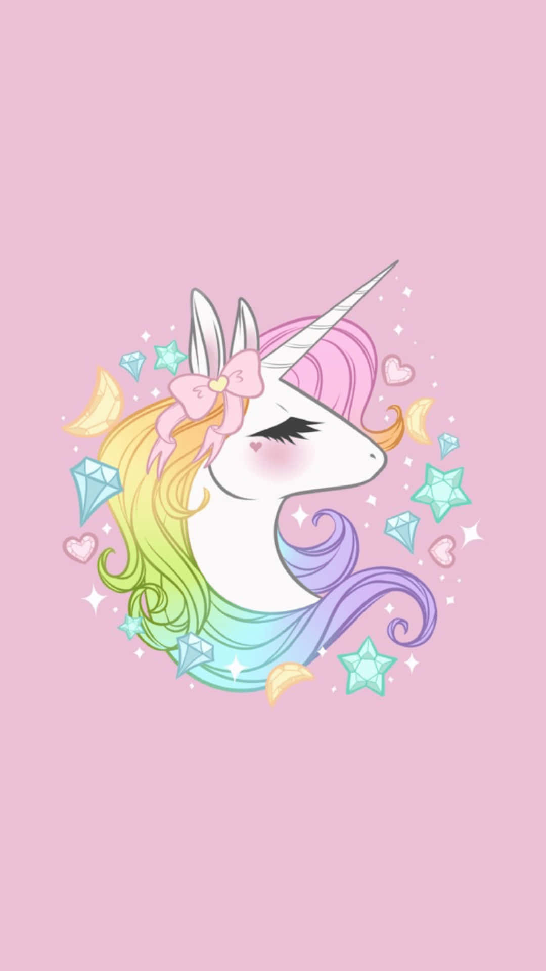 睡著的獨角獸，擁有彩虹鬃毛和蝴蝶結，被星星和鑽石環繞。