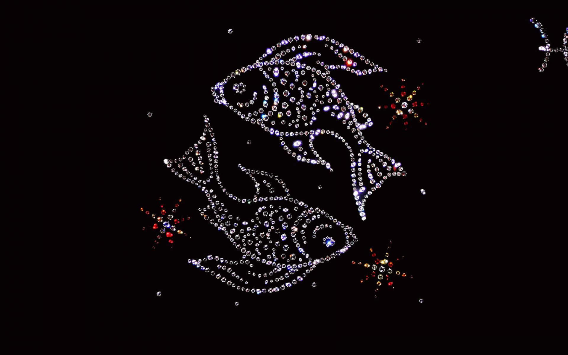 尋找你的水下魔法 壁紙 — 兩個魚星座在深黑色的夜空中閃爍著閃亮的水晶，點綴著色彩繽紛的星爆。